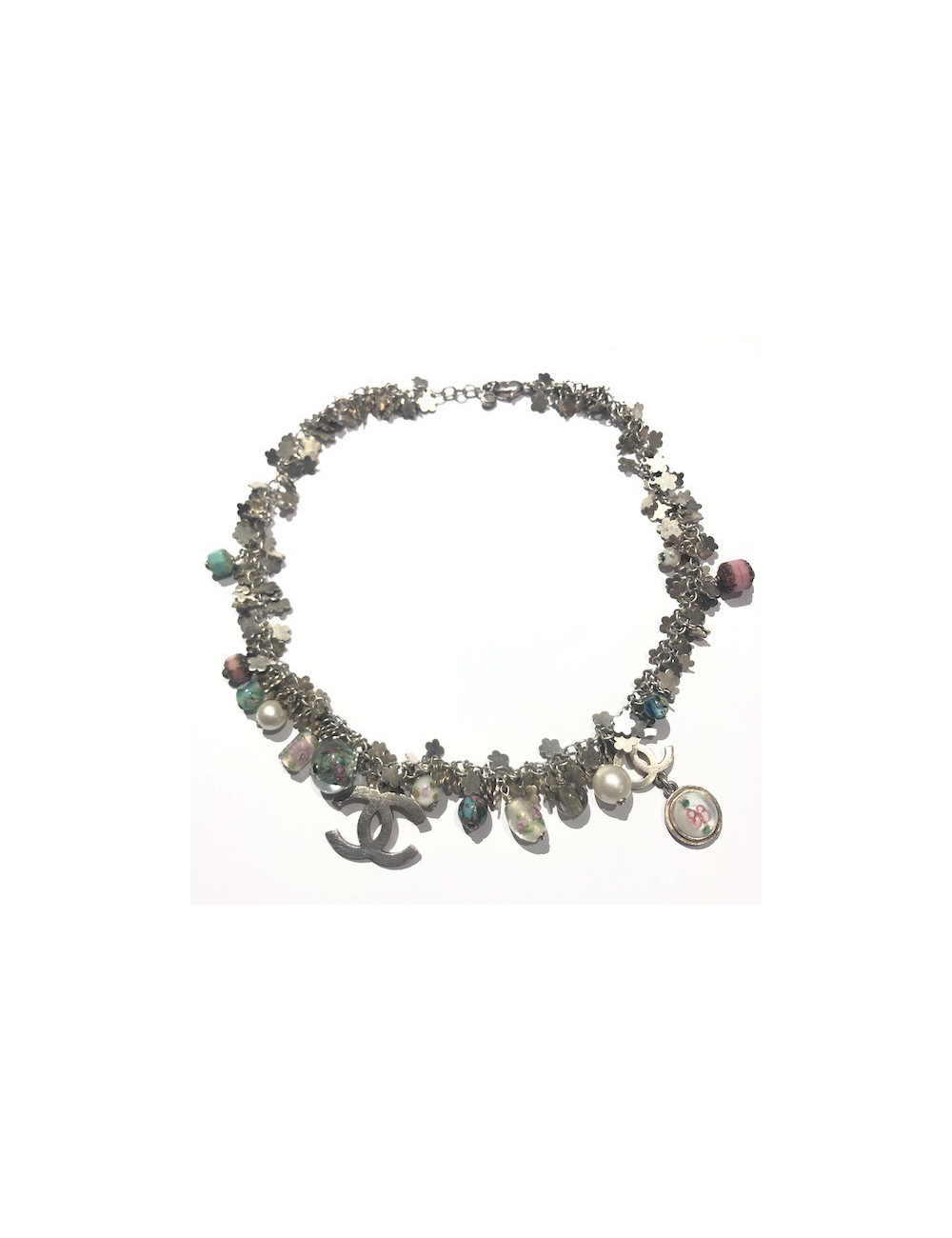 Chanel silver necklace enameled pearls