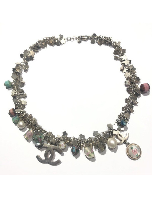 Chanel silver necklace enameled pearls