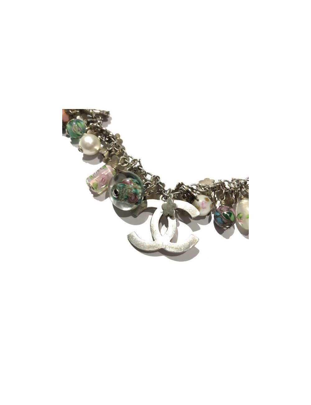 Chanel silver necklace enameled pearls