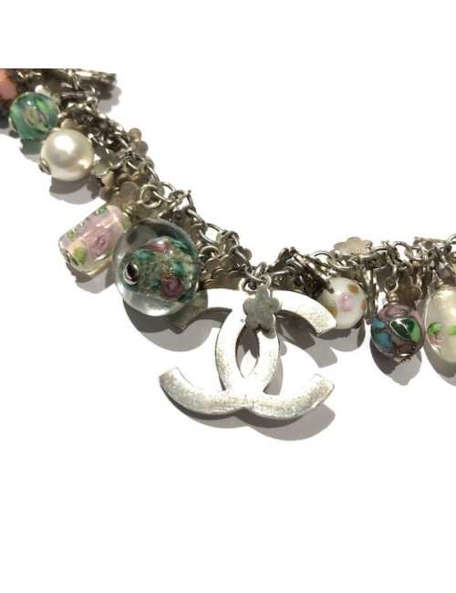 Chanel silver necklace enameled pearls