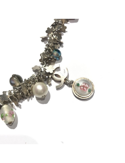 Chanel silver necklace enameled pearls