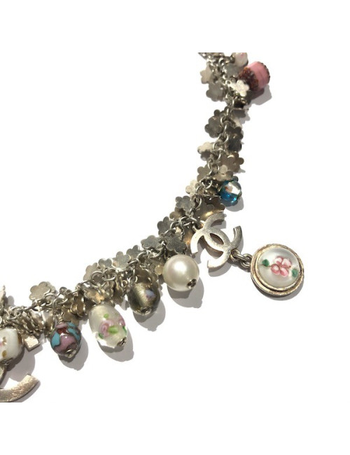 Chanel silver necklace enameled pearls