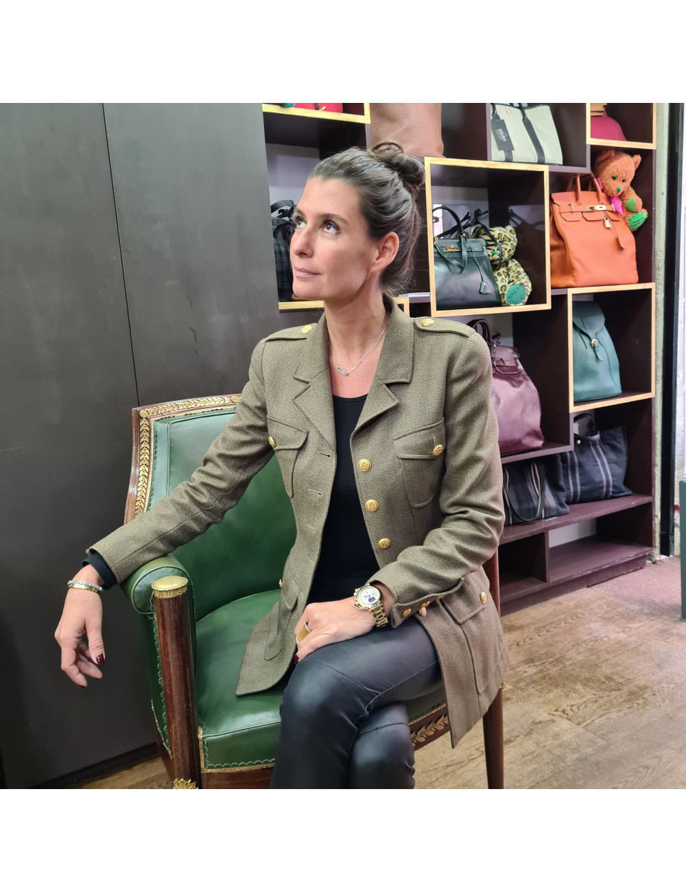 Veste militaire CHANEL T36 laine kaki