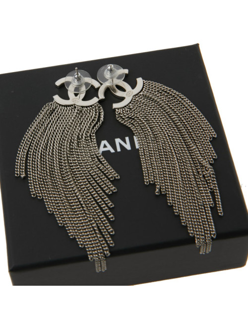 CHANEL silver color chain earrings