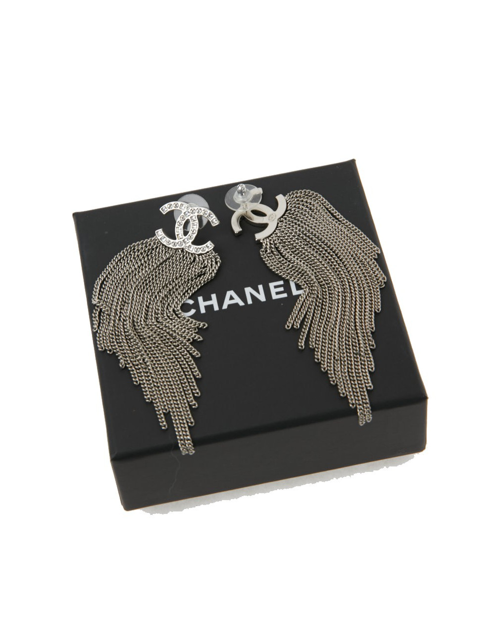 CHANEL silver color chain earrings