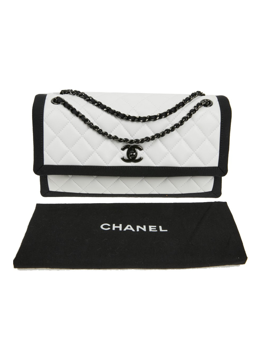 Sac à main Chanel cuir blanc gansé de noir