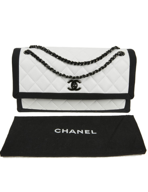 Sac à main Chanel cuir blanc gansé de noir