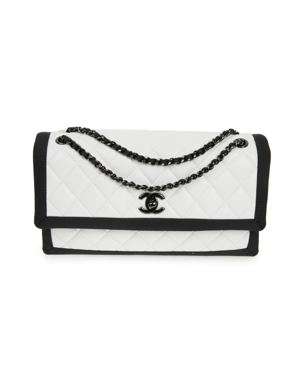 Sac à main Chanel cuir blanc gansé de noir