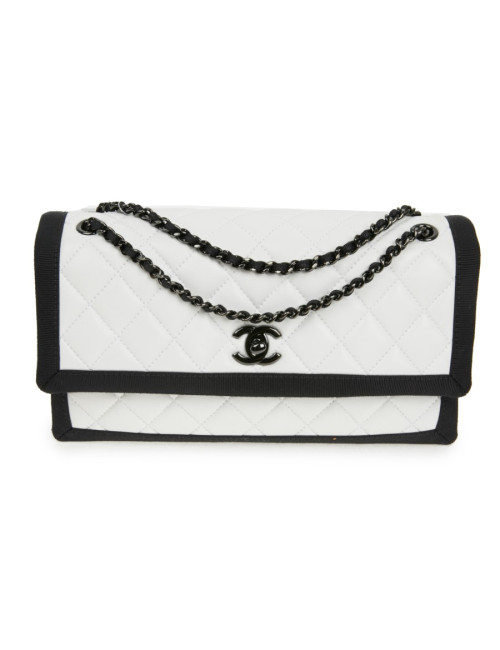 Sac à main Chanel cuir blanc gansé de noir