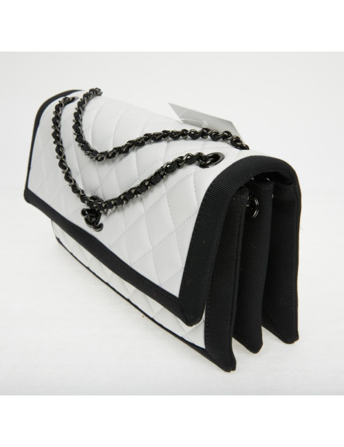 Sac à main Chanel cuir blanc gansé de noir