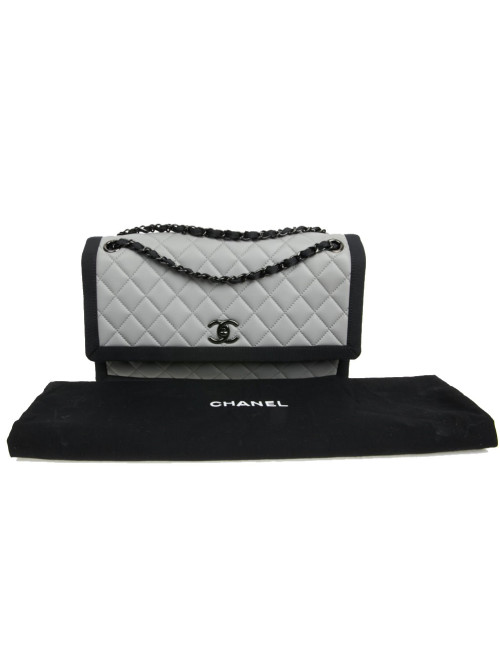 Sac CHANEL cuir gris gansé en noir