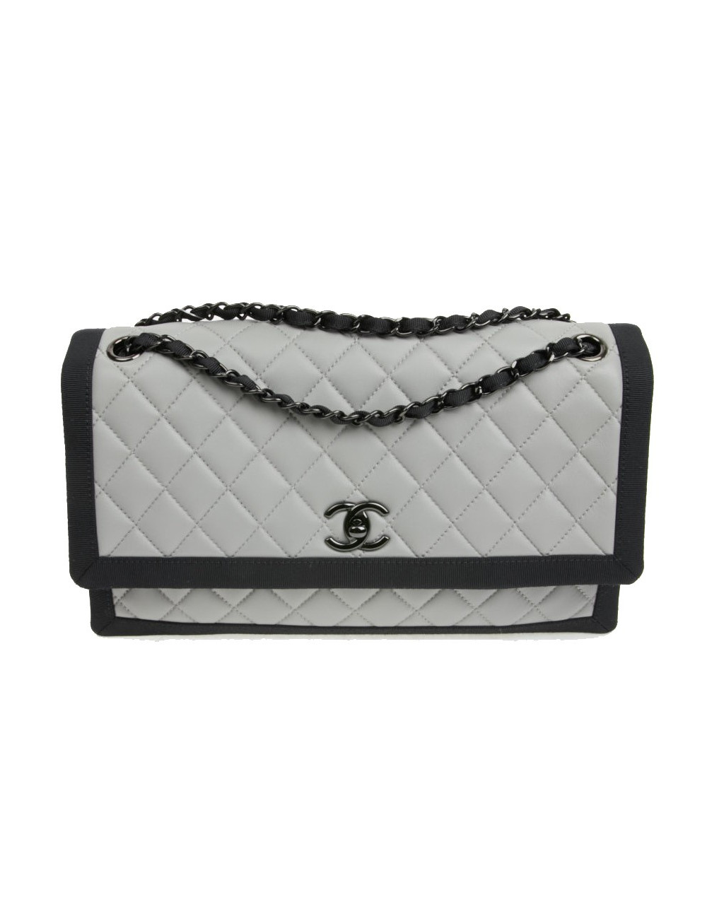 CHANEL gray leather bag trimmed in black