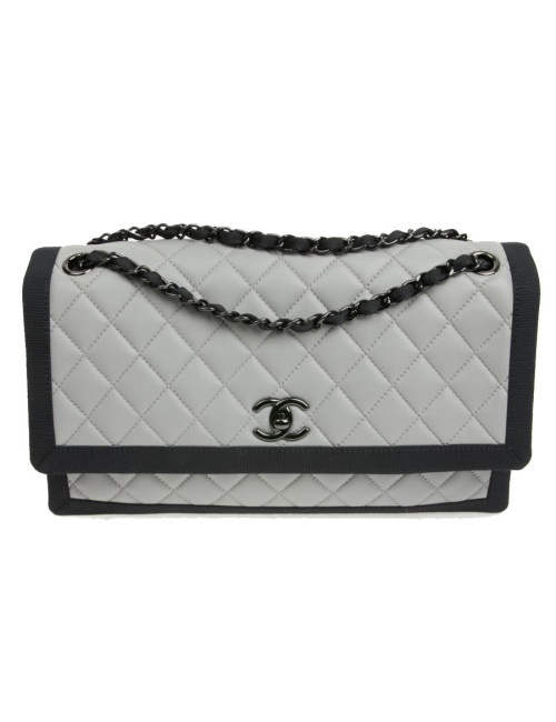 CHANEL gray leather bag trimmed in black