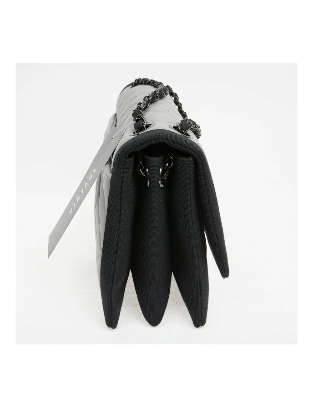 CHANEL gray leather bag trimmed in black