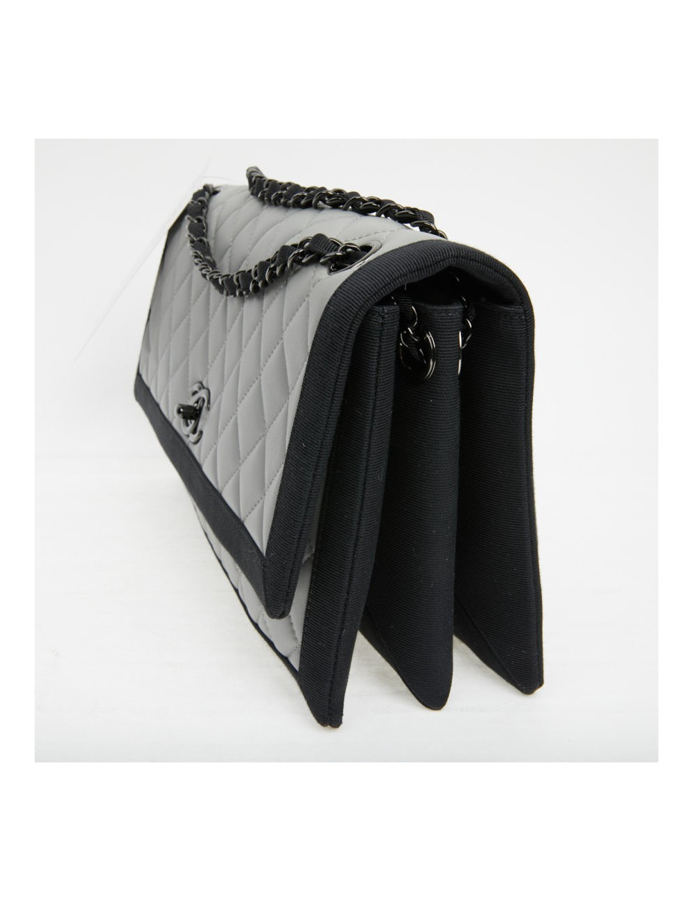 CHANEL gray leather bag trimmed in black