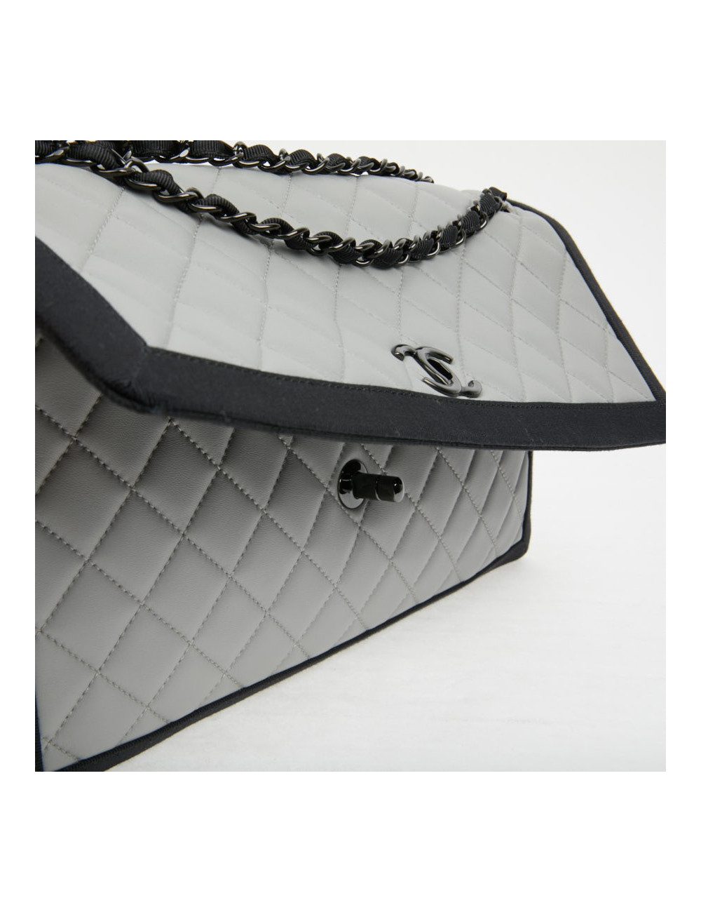 CHANEL gray leather bag trimmed in black