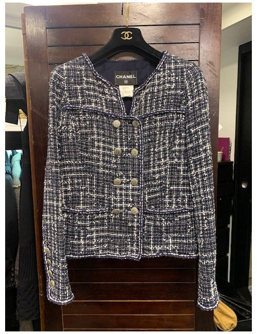 Veste T 36 CHANEL tweed bleu et blanc