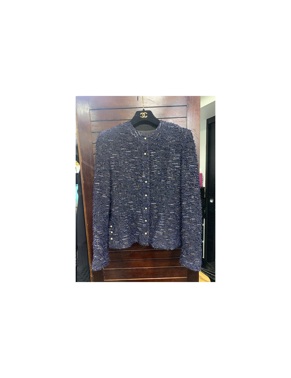 Veste T34  CHANEL en tweed bleu et noir avec fils argenté et doré