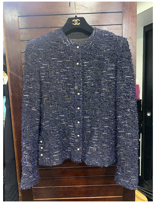 Veste T34  CHANEL en tweed bleu et noir avec fils argenté et doré