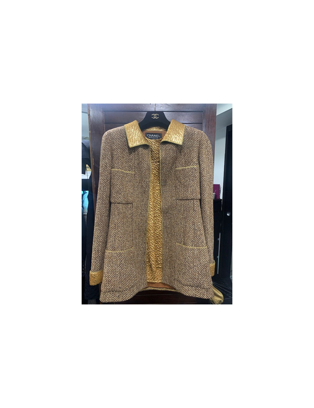 Veste CHANEL T 36  laine marron et beige avec haut en soie lamé or 