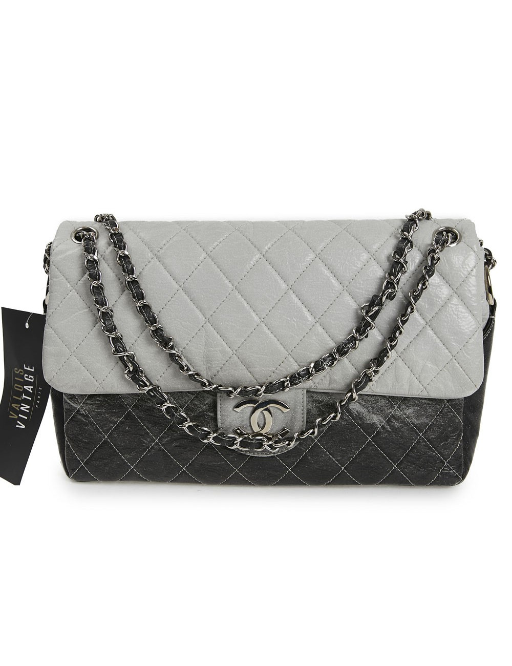 CHANEL Vintage Timeless Flap Bag in Black and Grey Quilted Leather
