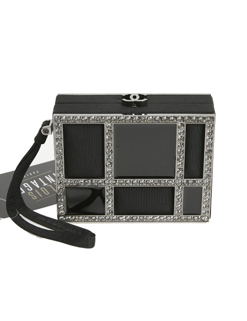 CHANEL Minaudière in Plexi, Black cotton Piqué and Rhinestones