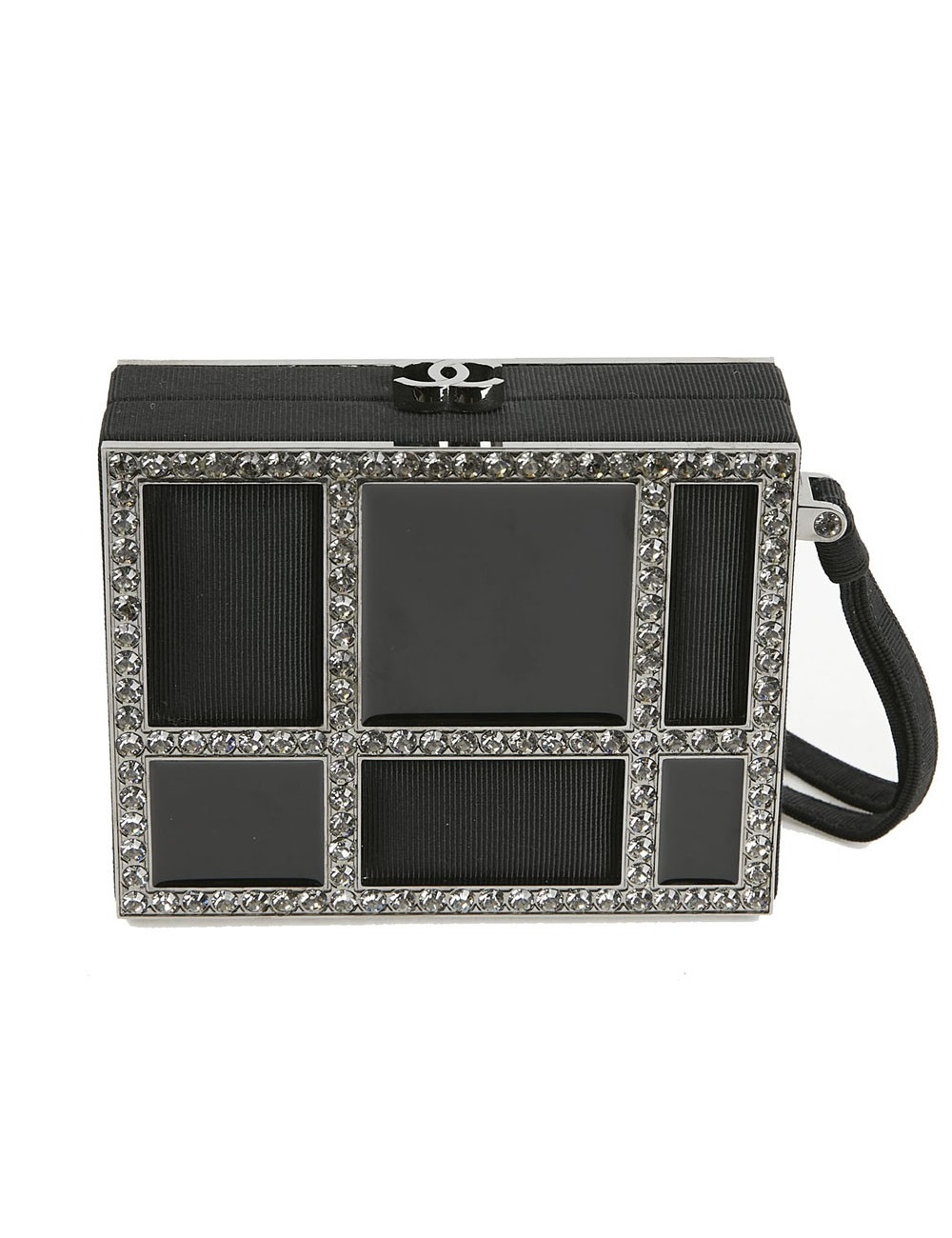 CHANEL Minaudière in Plexi, Black cotton Piqué and Rhinestones