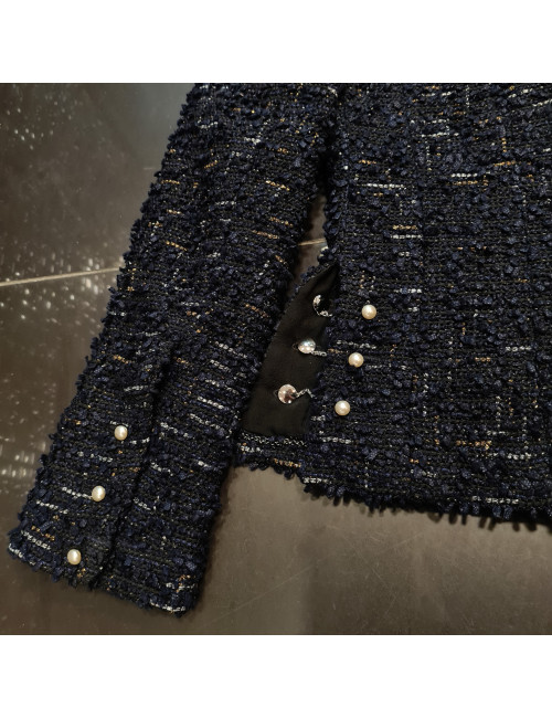 Veste T34  CHANEL en tweed bleu et noir avec fils argenté et doré