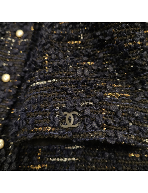 Veste T34  CHANEL en tweed bleu et noir avec fils argenté et doré