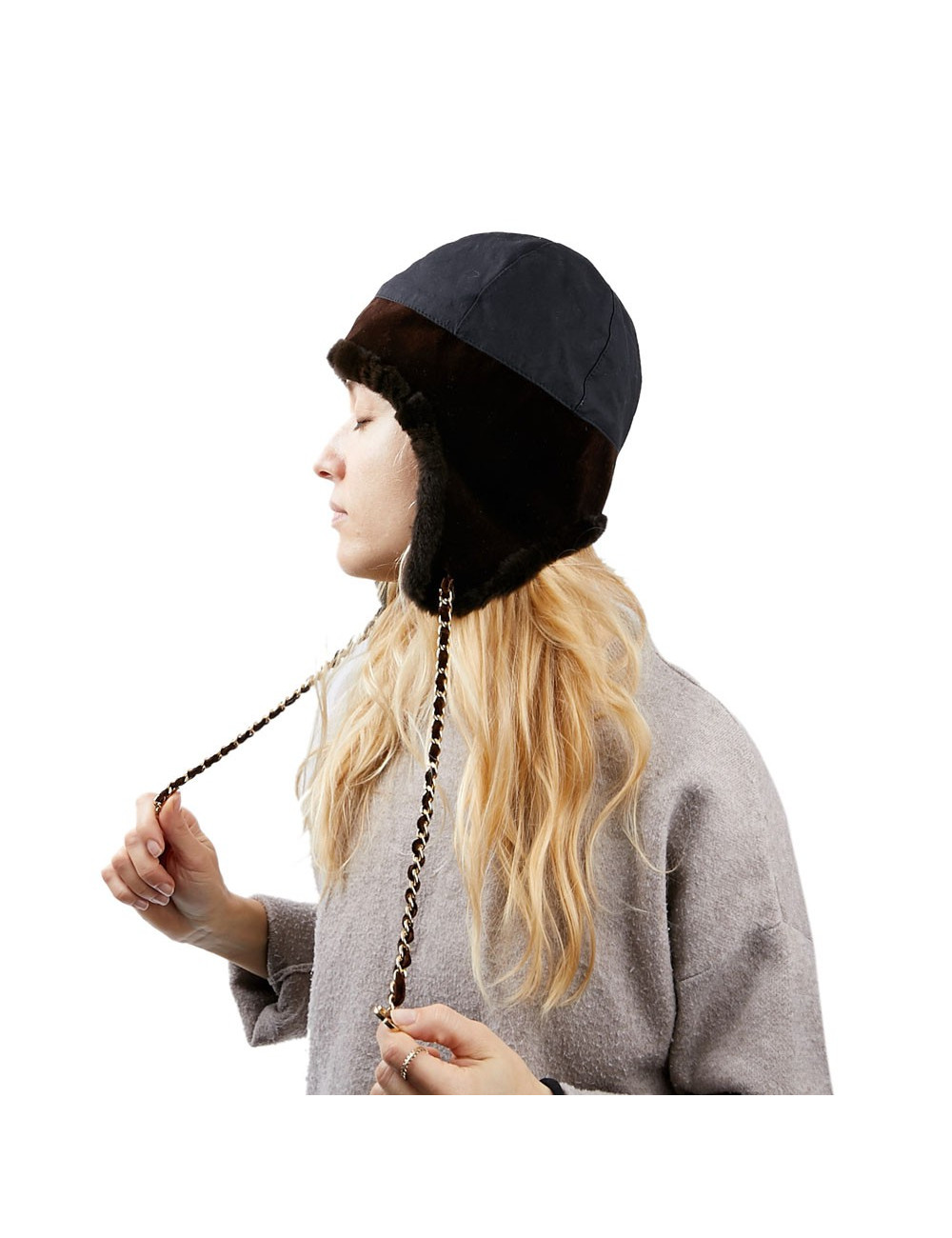 Chapka CHANEL bi-matière marron