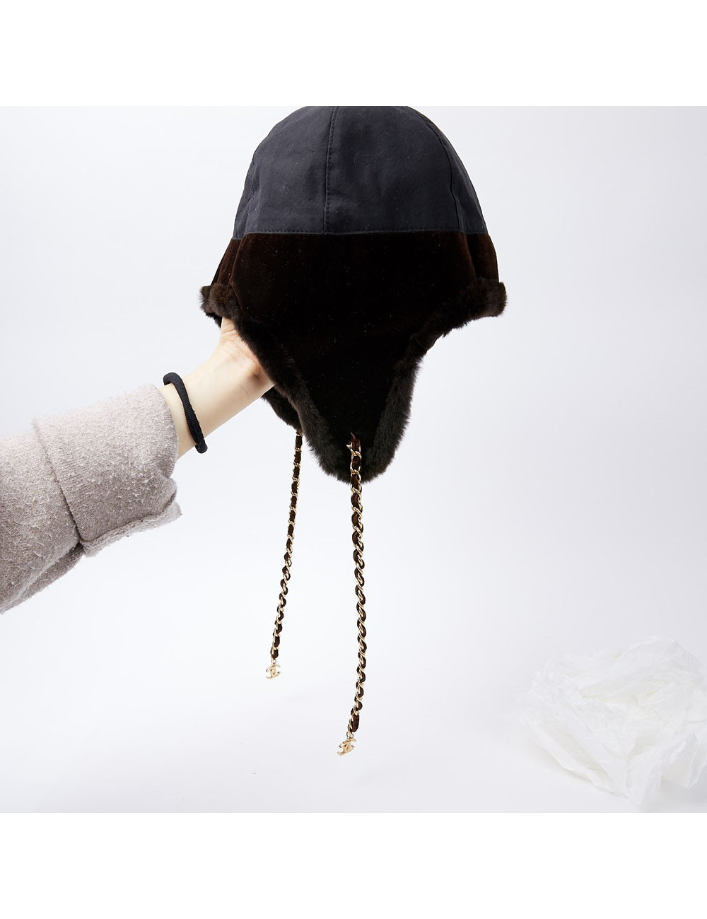 Chapka CHANEL bi-matière marron