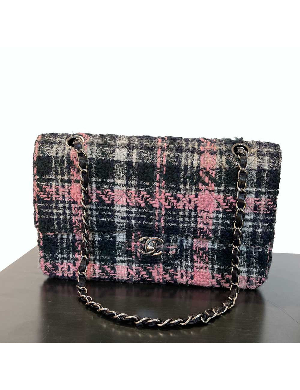 Sac classique CHANEL tweed rose et noir