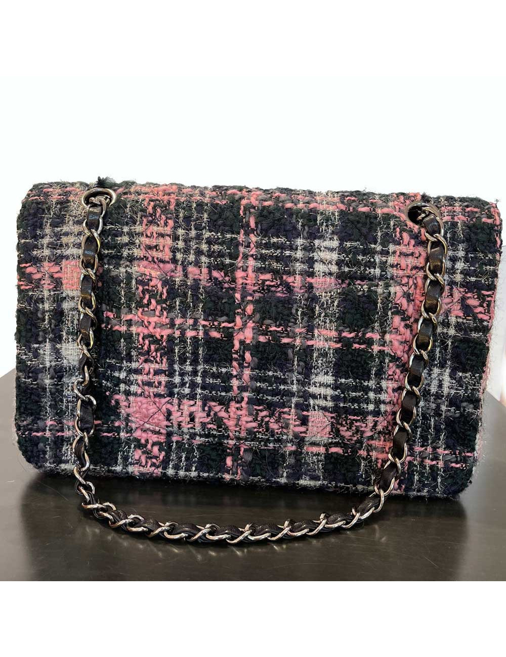 Sac classique CHANEL tweed rose et noir