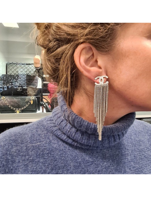 CHANEL silver color chain earrings