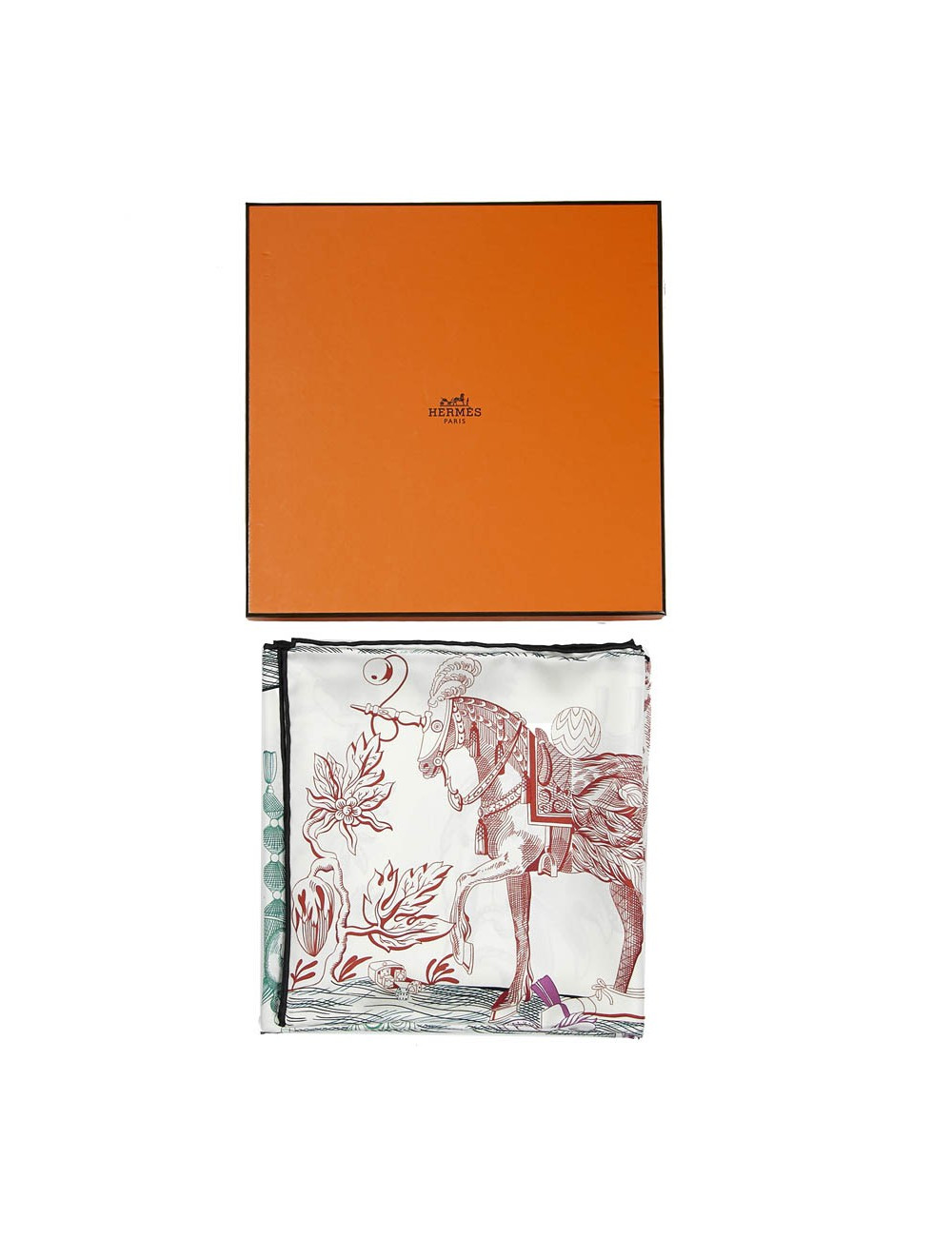Carré HERMES Della Cavalleria Favolosa en soie blanc bleu rose et vert