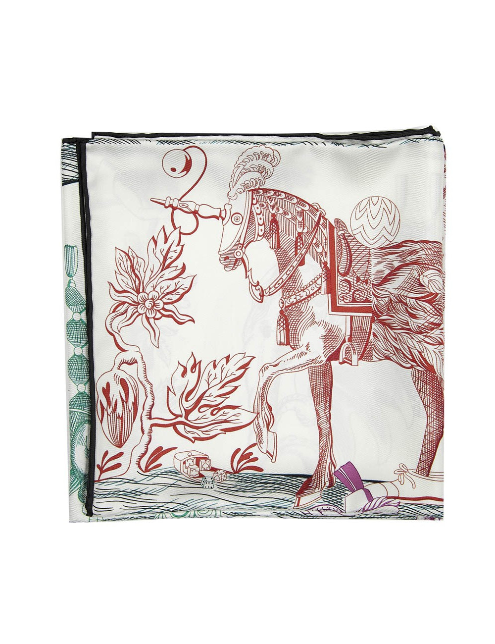 Carré HERMES Della Cavalleria Favolosa en soie blanc bleu rose et vert