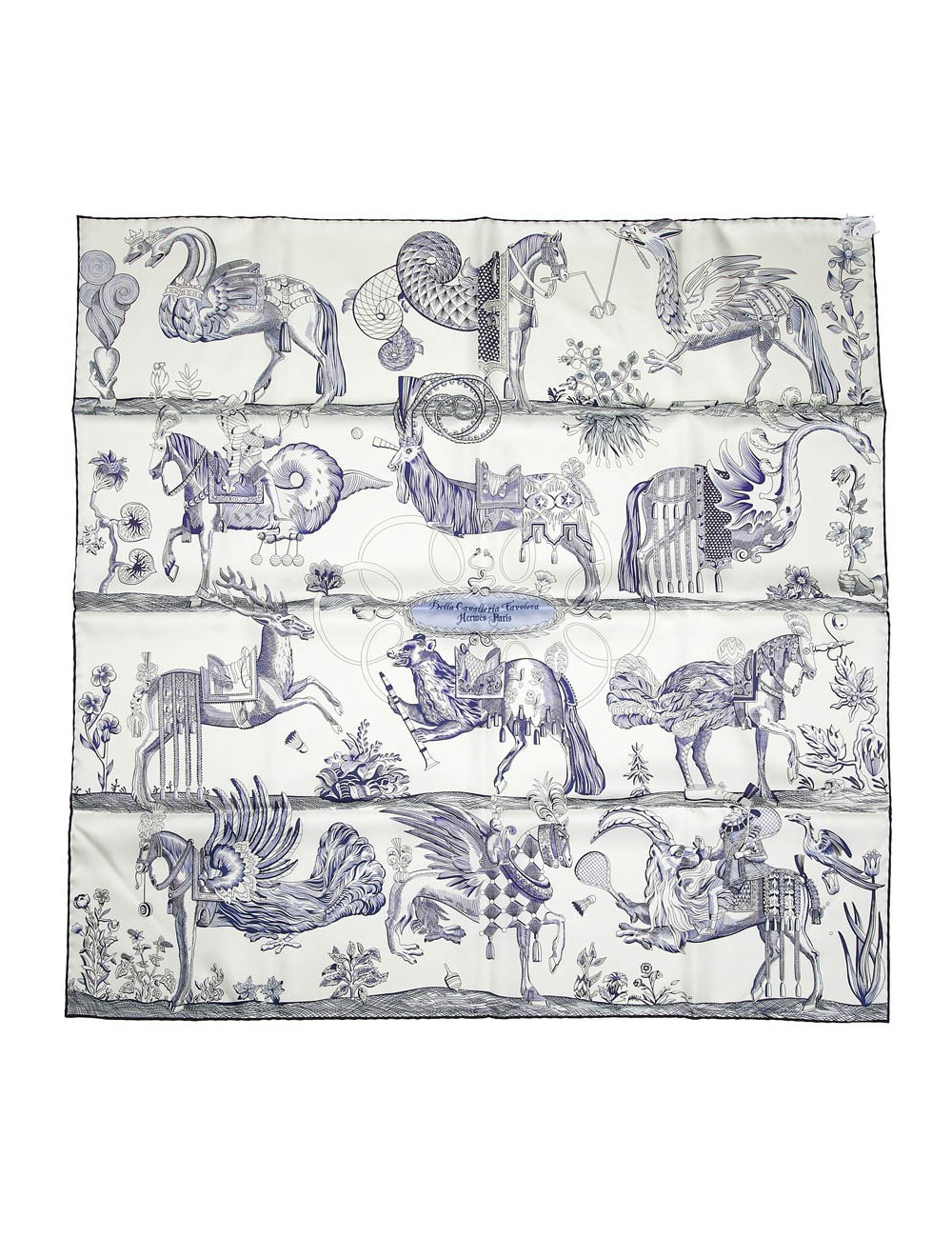 Carré HERMES Della Cavalleria Favolosa en soie blanc bleu rose et vert