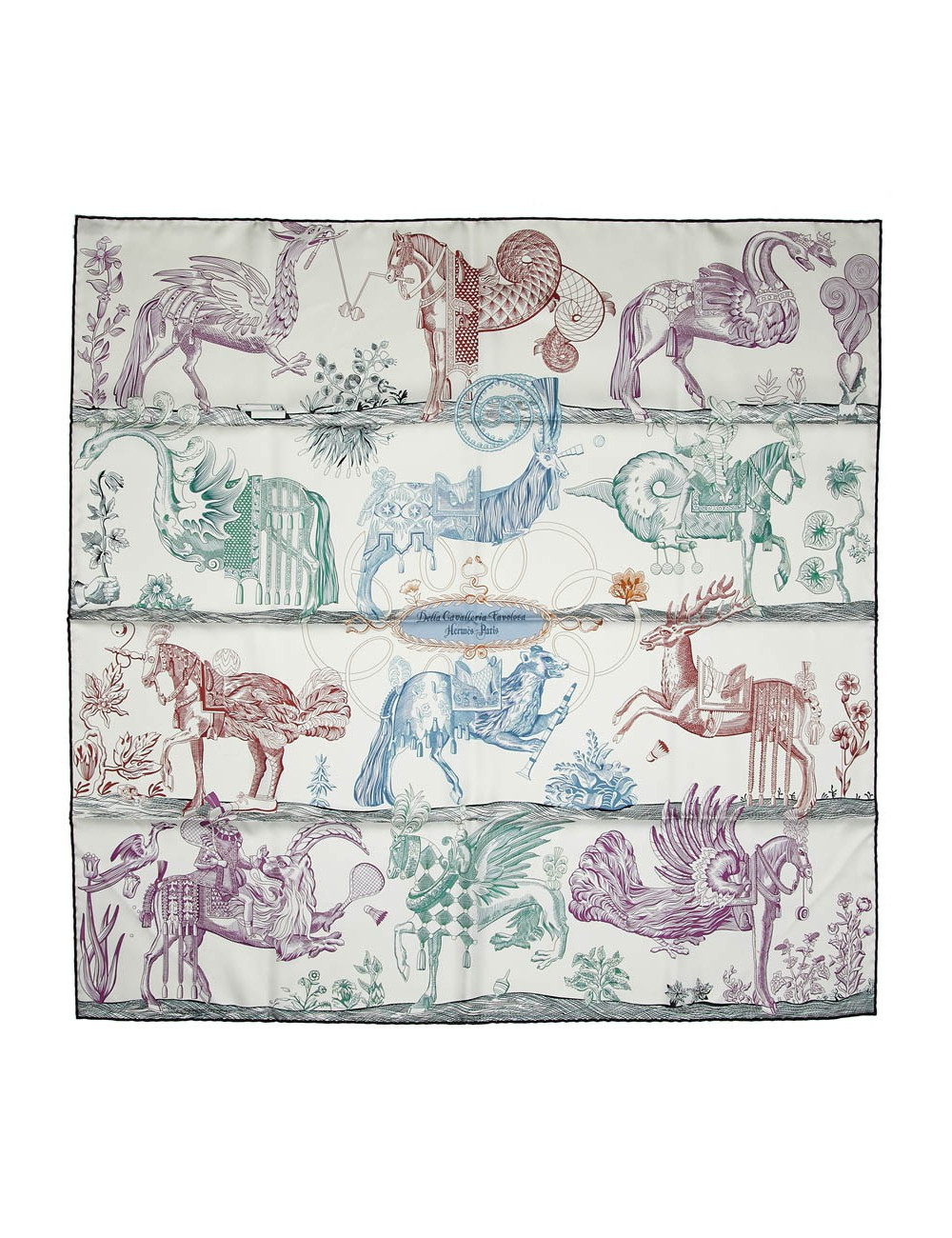 Carré HERMES Della Cavalleria Favolosa en soie blanc bleu rose et vert