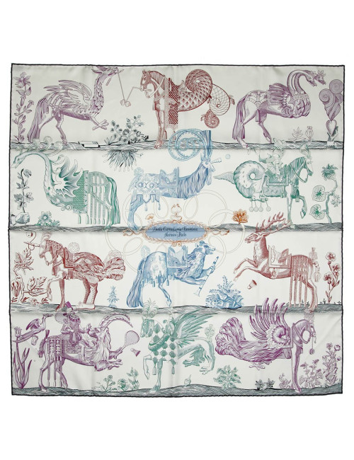 Carré HERMES Della Cavalleria Favolosa en soie blanc bleu rose et vert