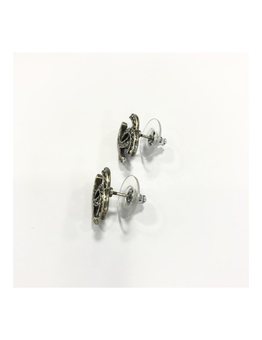 CHANEL CC Stud Earrings in Aged Silver Metal and Rhinestones