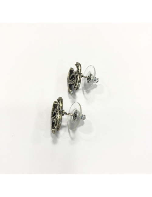 CHANEL CC Stud Earrings in Aged Silver Metal and Rhinestones