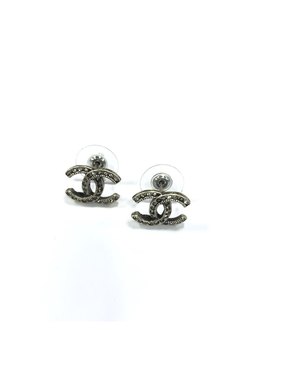 CHANEL CC Stud Earrings in Aged Silver Metal and Rhinestones
