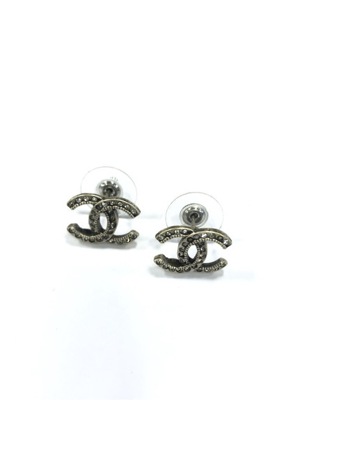 CHANEL CC Stud Earrings in Aged Silver Metal and Rhinestones
