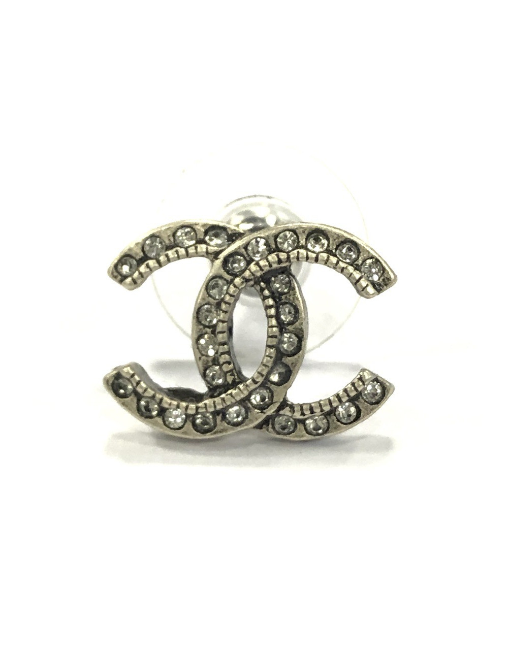 CHANEL CC Stud Earrings in Aged Silver Metal and Rhinestones
