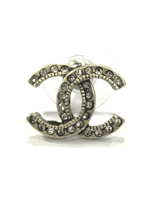 CHANEL CC Stud Earrings in Aged Silver Metal and Rhinestones