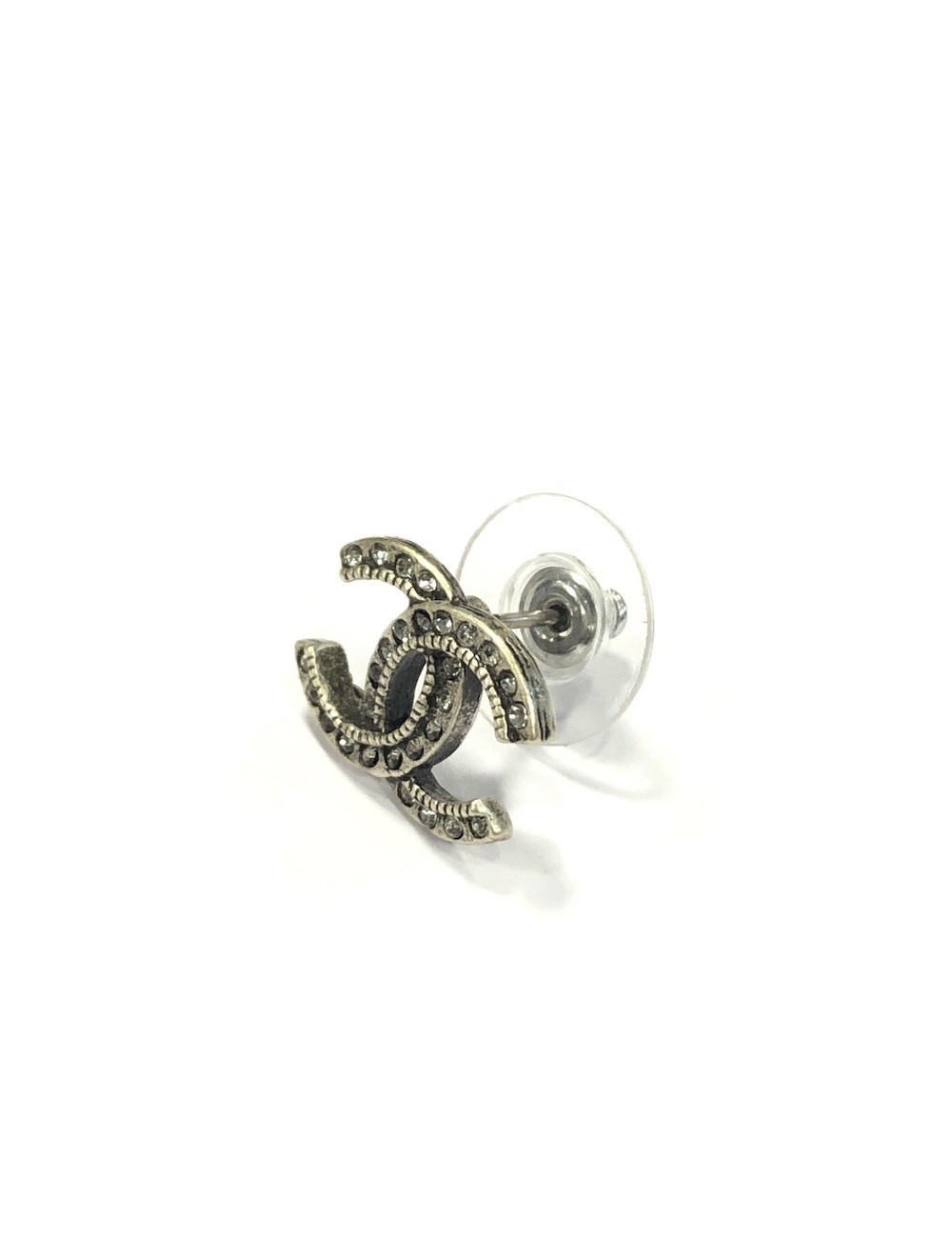 CHANEL CC Stud Earrings in Aged Silver Metal and Rhinestones