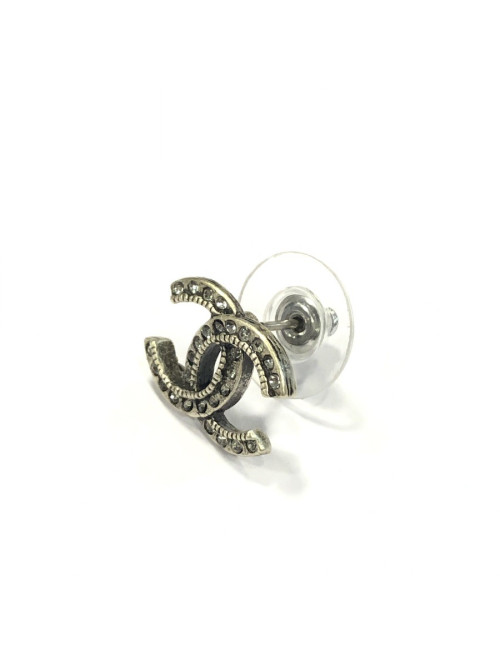 CHANEL CC Stud Earrings in Aged Silver Metal and Rhinestones
