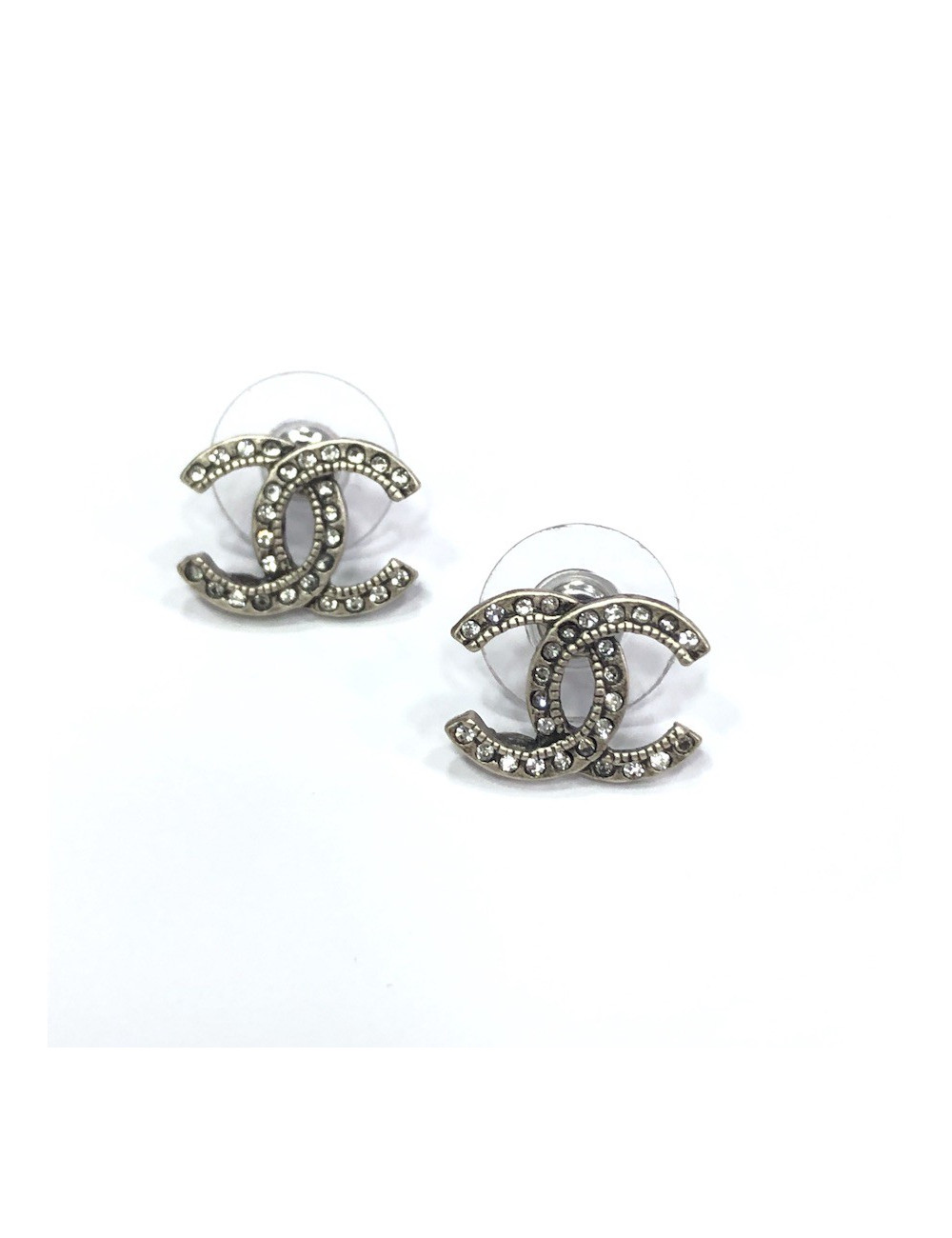 CHANEL CC Stud Earrings in Aged Silver Metal and Rhinestones