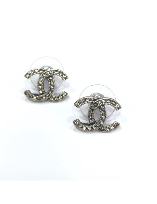 CHANEL CC Stud Earrings in Aged Silver Metal and Rhinestones