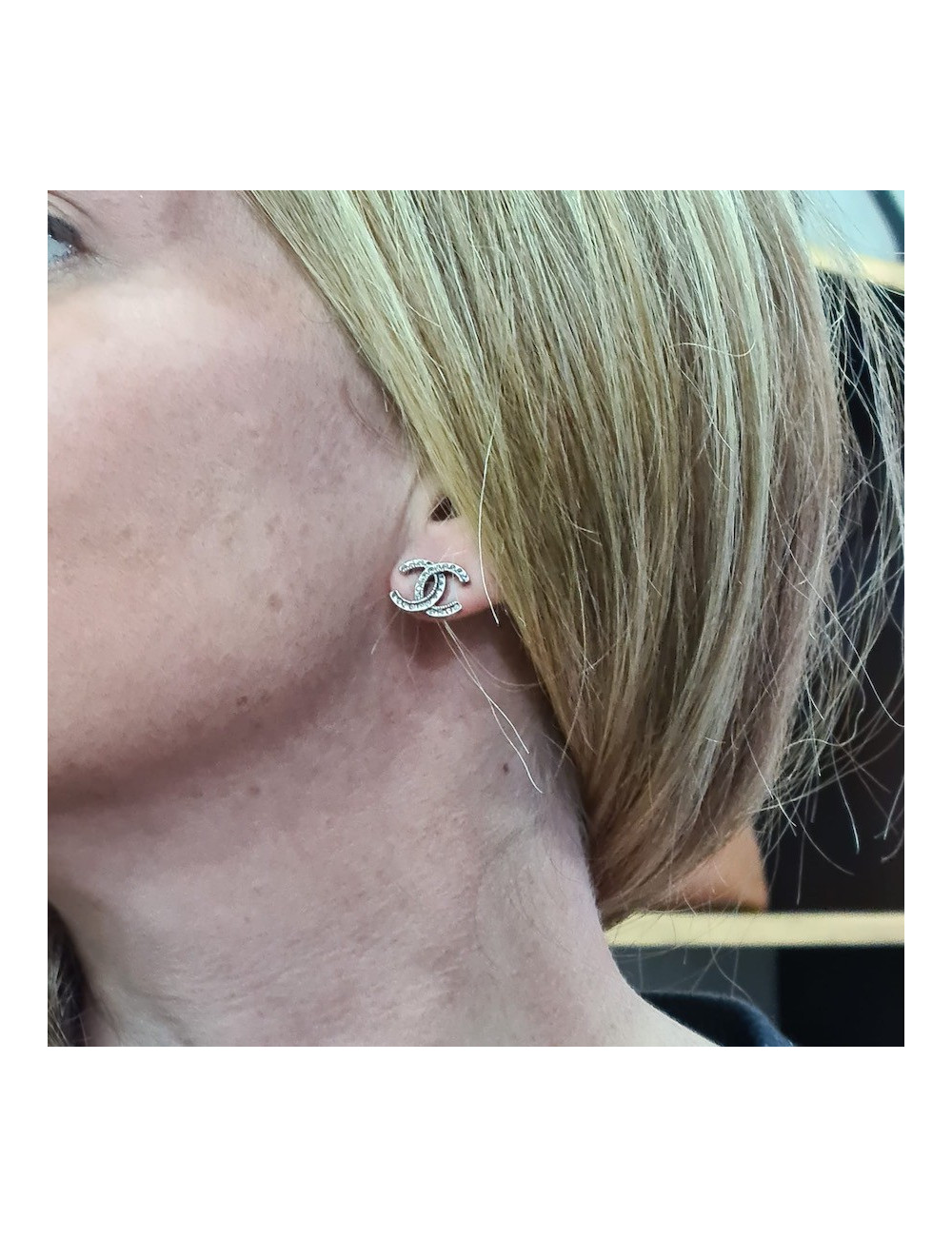 CHANEL CC Stud Earrings in Aged Silver Metal and Rhinestones